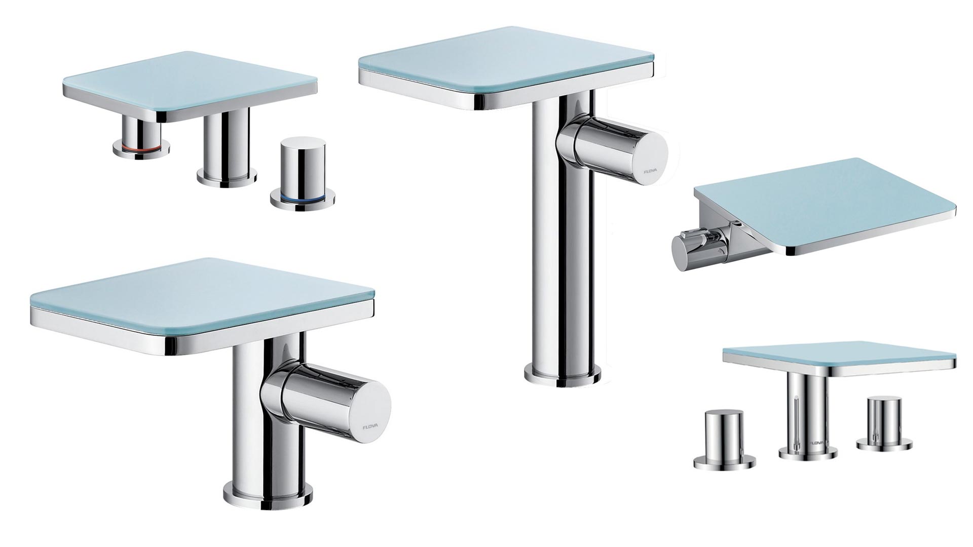 collage of flova glass waterfall basin mixer tap examples