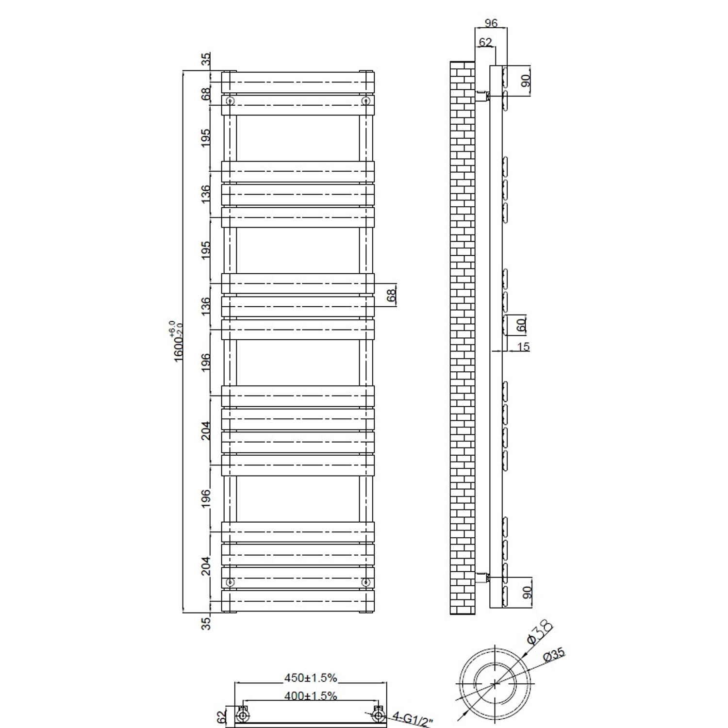 Brenton Avezzano White Flat Panel Heated Towel Rail - 1600 x 450mm