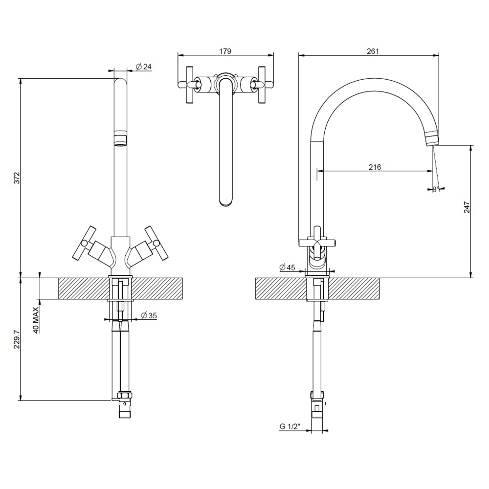 Clearwater Rossi Twin Cross Handle Mono Sink Mixer with Swivel Spout