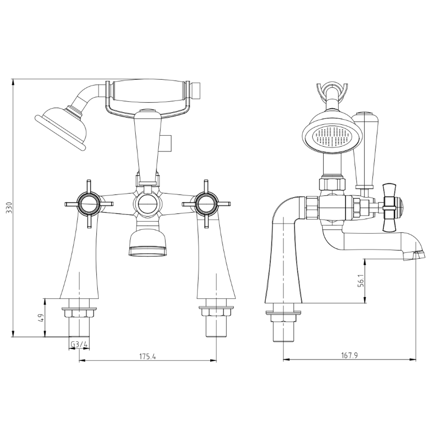 Butler & Rose Loretta Traditional Bath Shower Mixer with Handset Kit