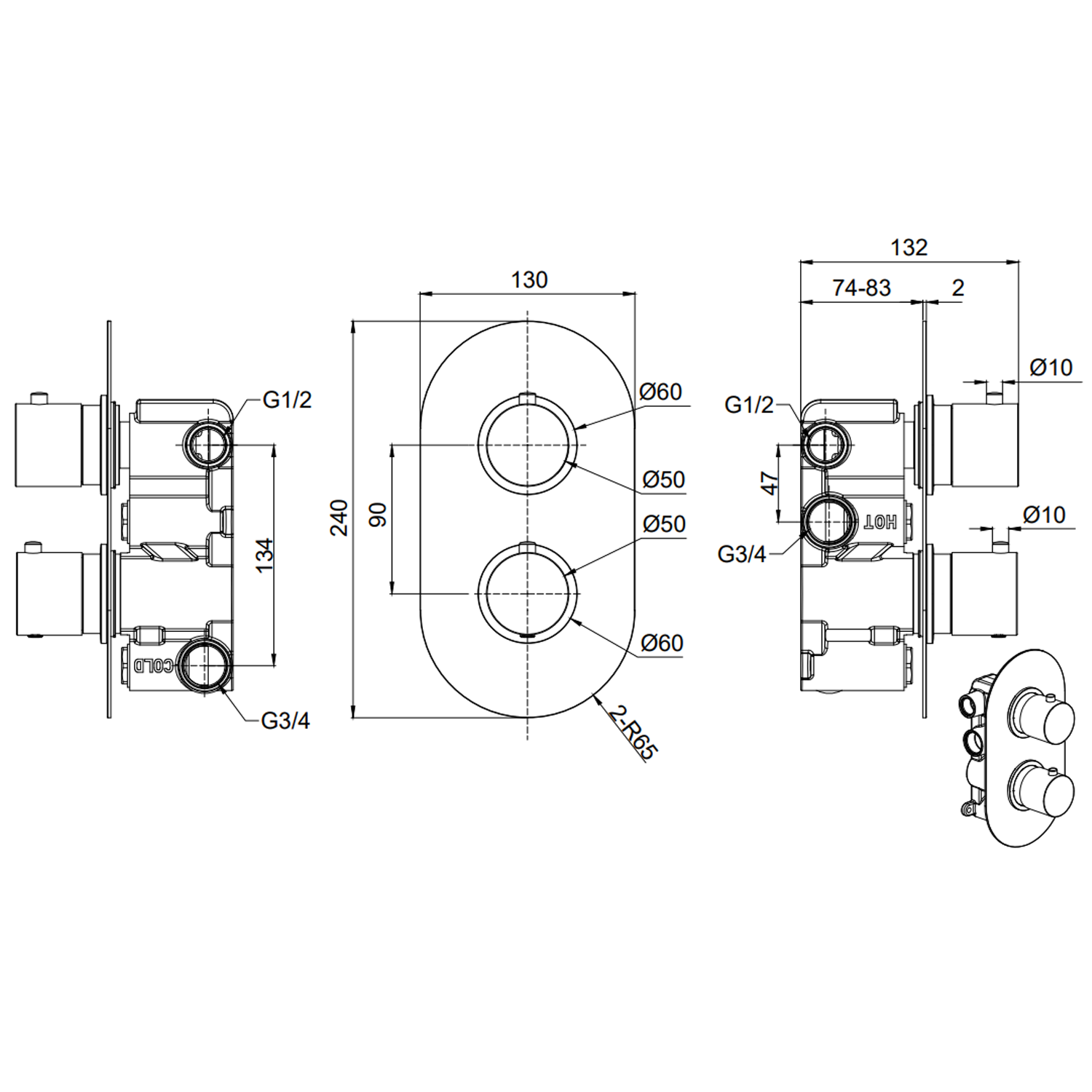 Harbour Clarity Brushed Brass 2 Outlet Thermostatic Concealed Shower Valve