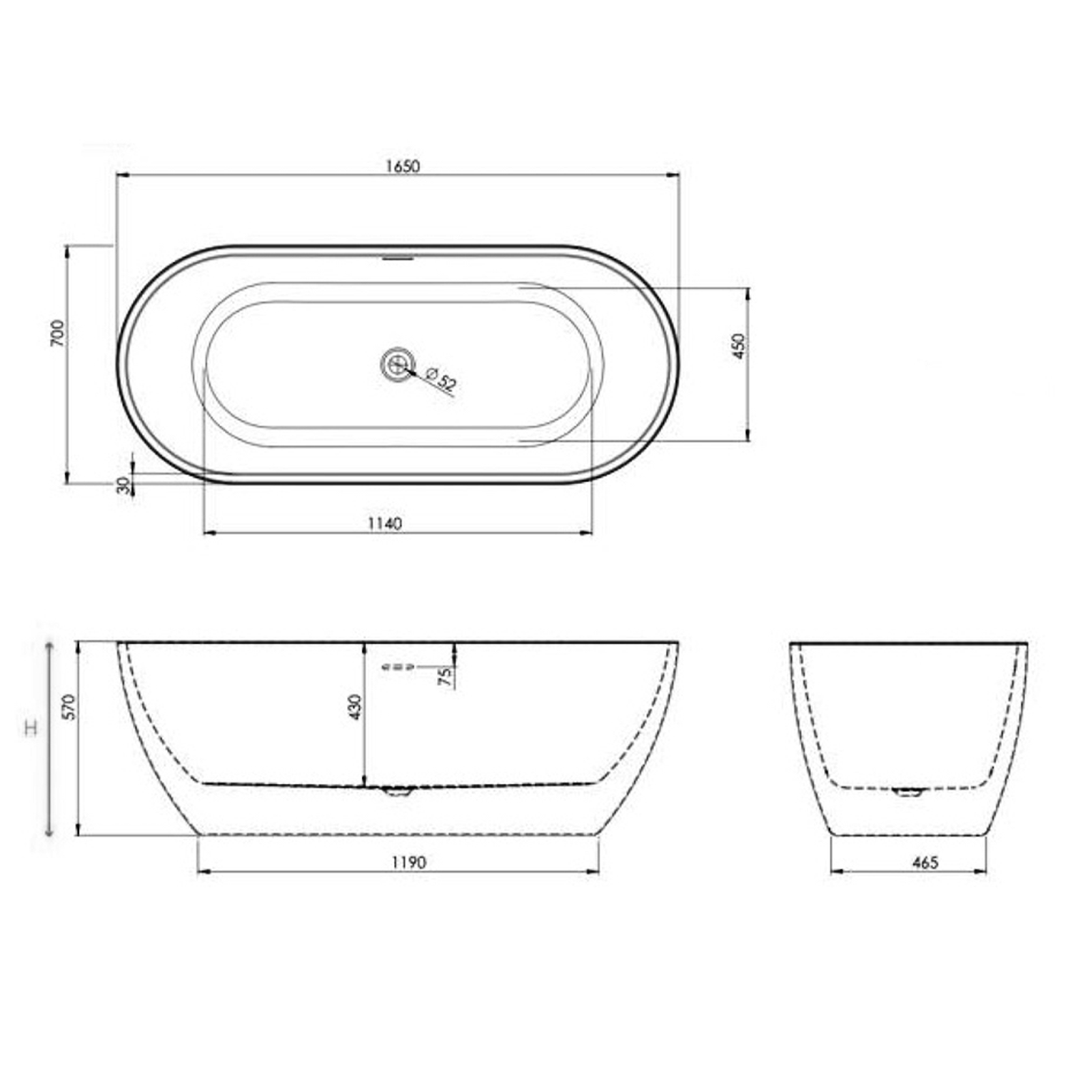 Ellie Acrylic White Freestanding Bath 1650 x 700mm Tap Warehouse