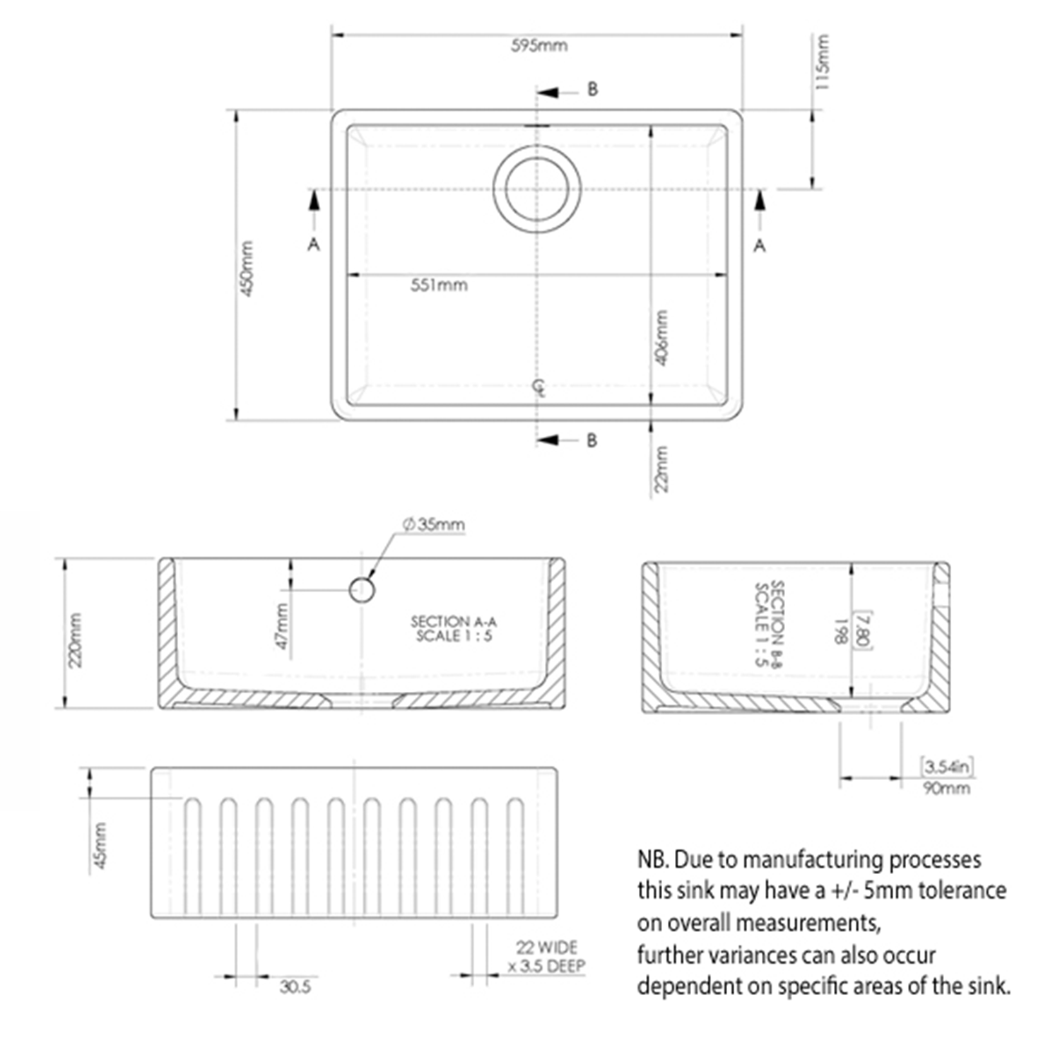 Rangemaster Harmony Fluted 1 Bowl White Fireclay Ceramic Sit On Belfast Sink & Waste Kit - 595 x 450mm