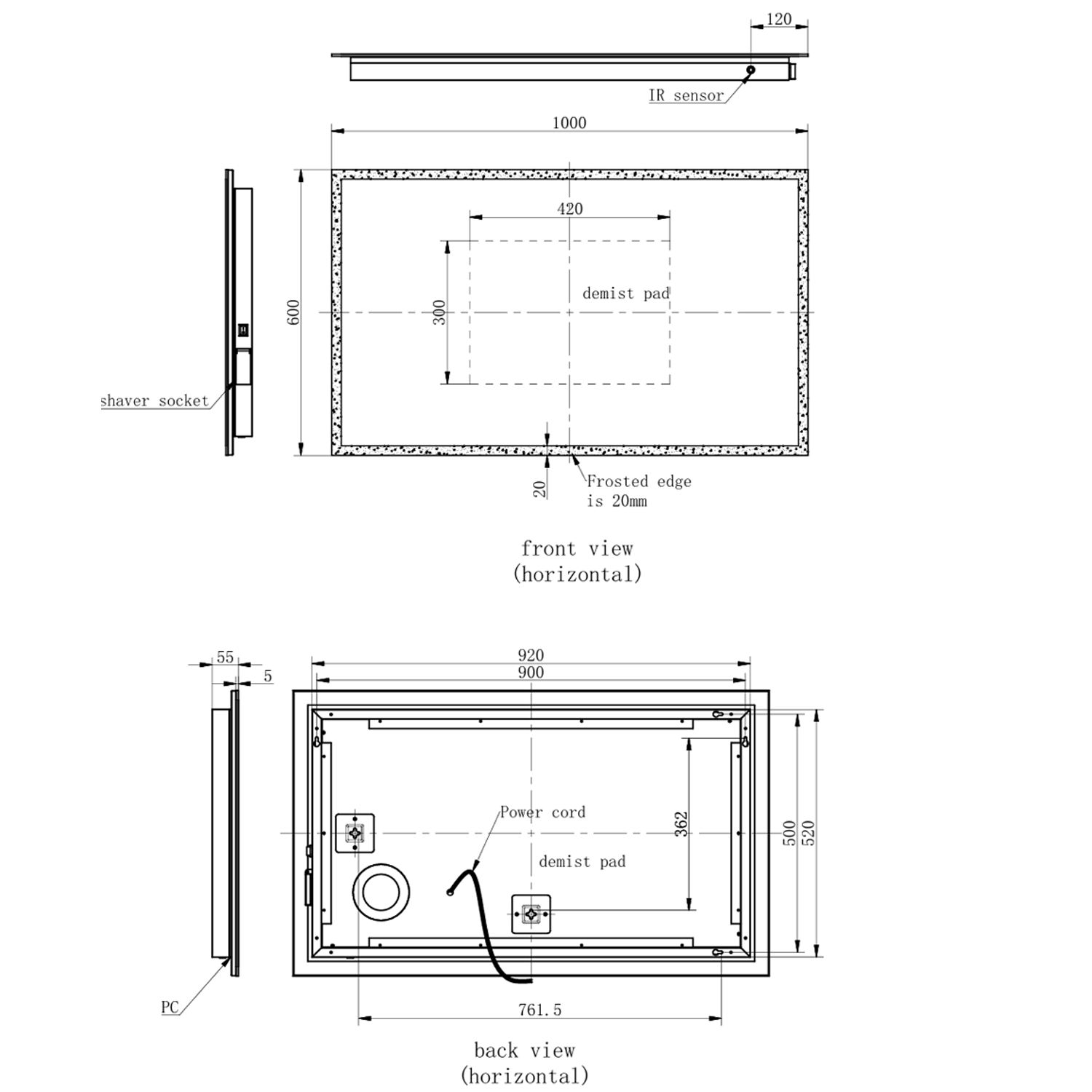 Harbour Glow LED Mirror with Demister Pad & Shaver Socket - 1000 x 600mm
