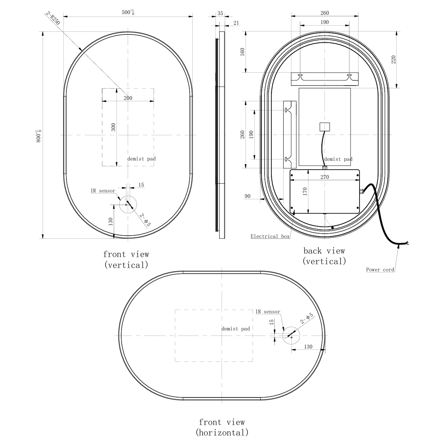 Billy LED Illuminated Oval Framed Mirror with Demister Pad & Colour Change Lights - 500 x 800mm