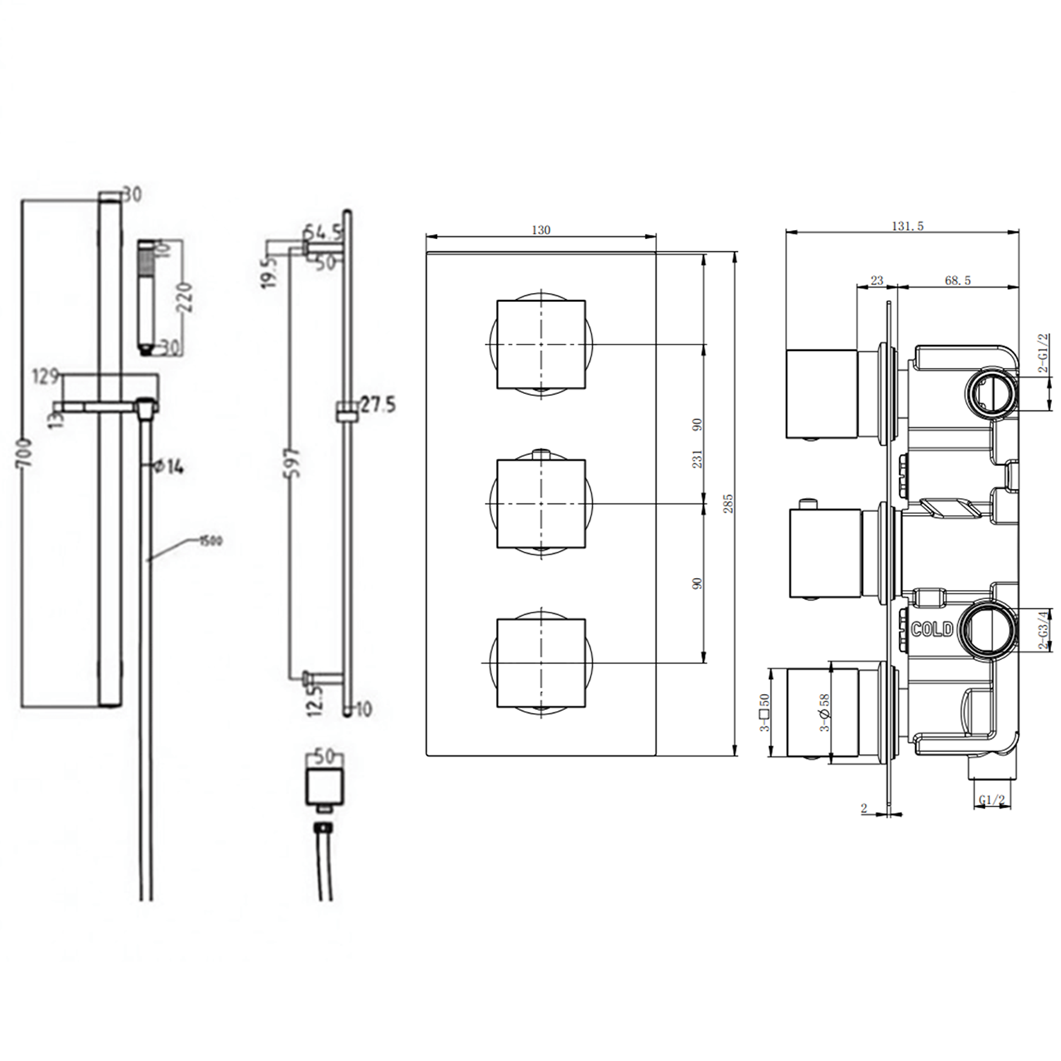 Elijah Concealed Shower Valve with Fixed Head, Slide Rail Kit & Overflow Bath Filler
