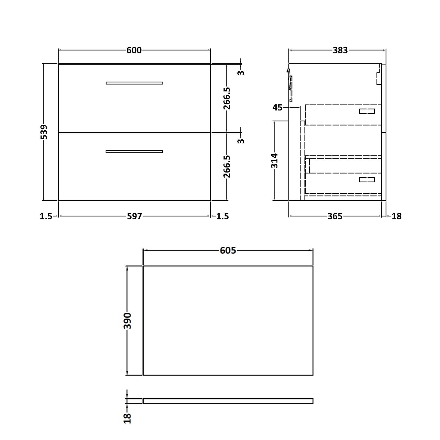 Erin 600mm Wall Mounted 2 Drawer Vanity Unit & Countertop