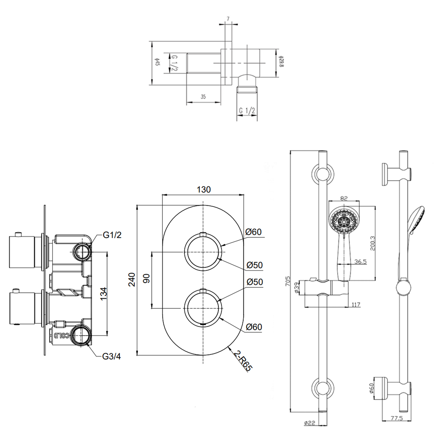 Jemima Concealed Shower Valve, Slide Rail Kit & Overflow Bath Filler