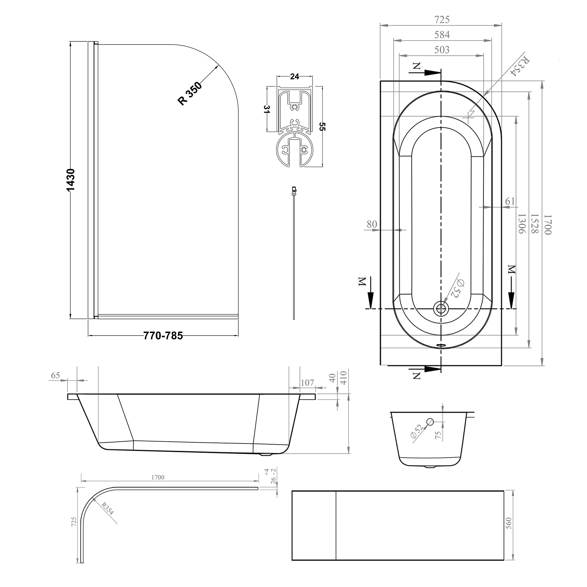Armourcast Reinforced J Shaped Shower Bath with Panel & Shower Screen - 1700mm