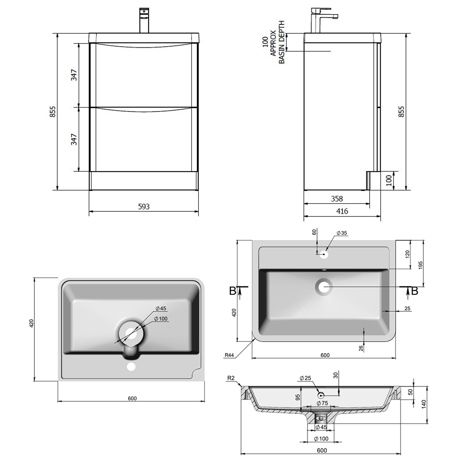 Harbour Clarity 600mm Floorstanding White Ash Vanity Unit & Basin