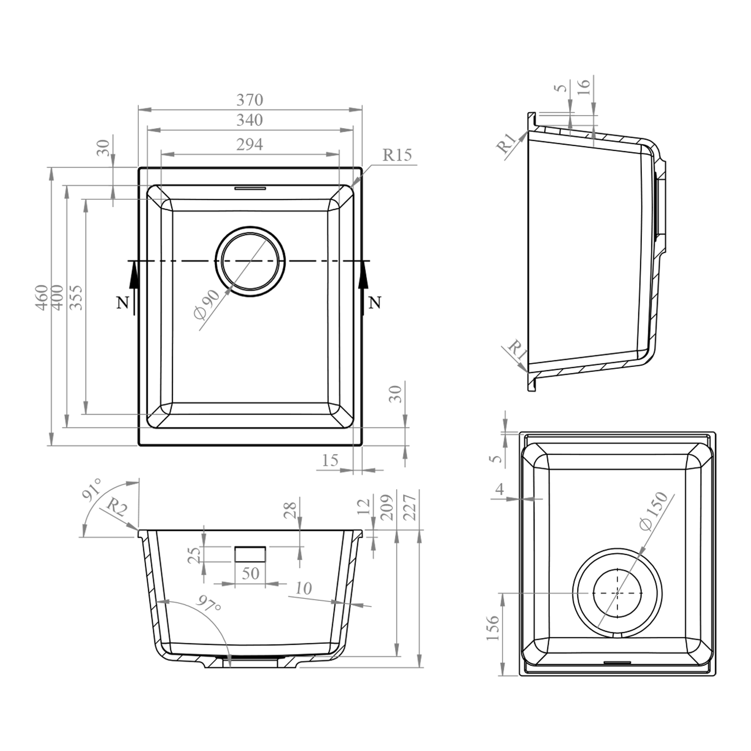 Vellamo Terra Compact 1 Bowl Granite Composite Inset or Undermount Kitchen Sink & Waste - 370 x 460mm