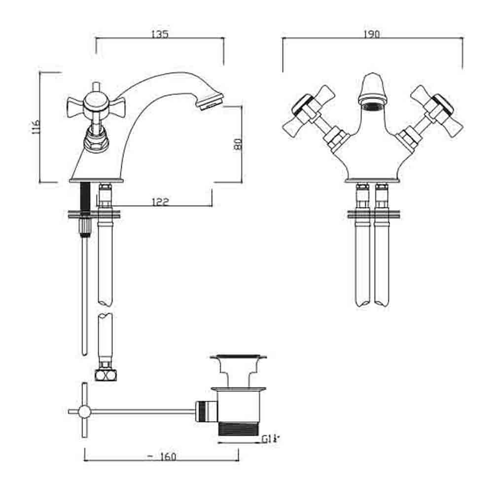 Sagittarius Churchman Gold Crosshead Basin Mixer with Clicker Waste