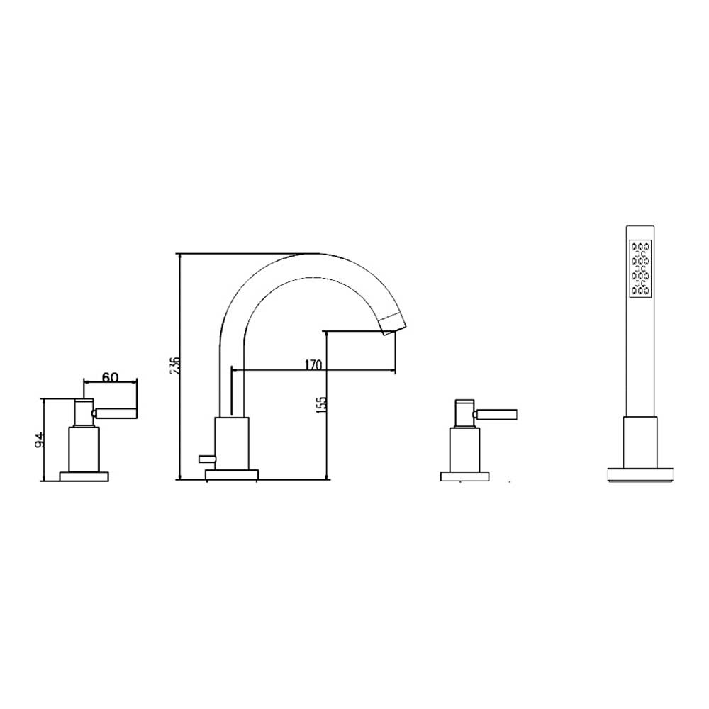 Hudson Reed Tec Lever 4 Hole Deck Mounted Bath Shower Mixer with Pull Out Handset
