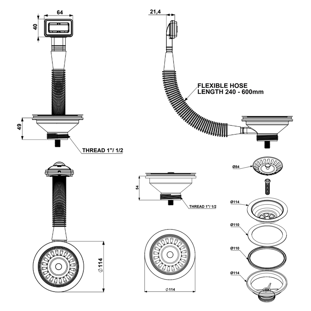 Vellamo Premium 90mm 1.5 & 2 Bowl Kitchen Sink Strainer Wastes with Rectangular Overflow