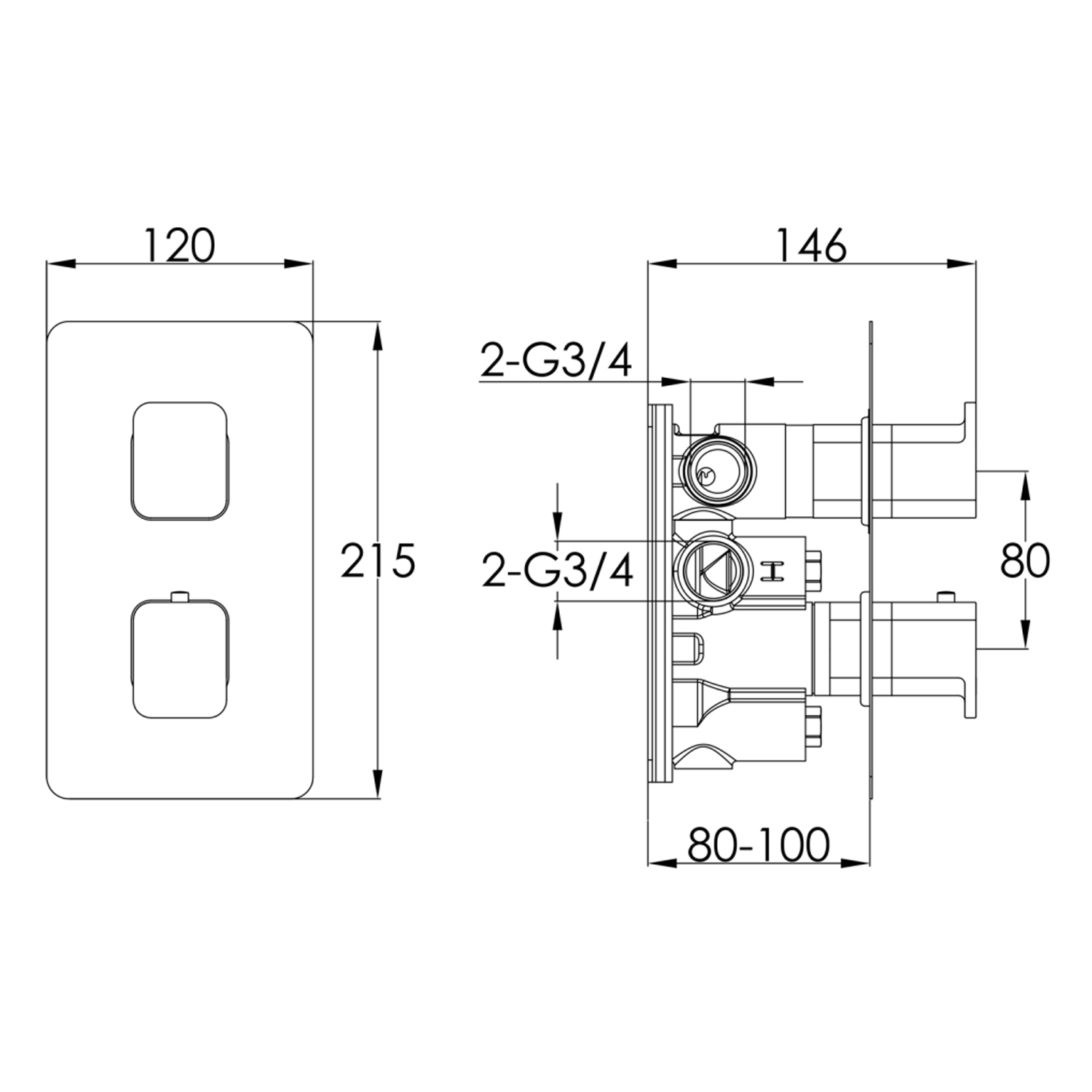 HIX 2 Handle 2 Outlet Concealed Thermostatic Vertical Shower Valve