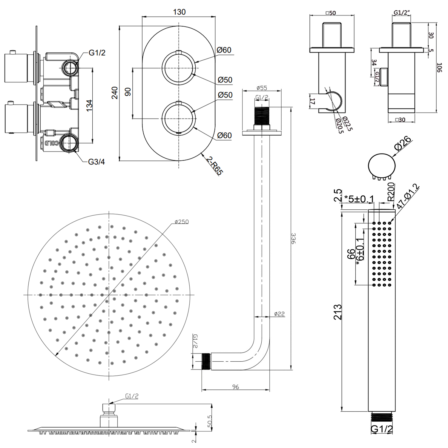 Harbour Clarity Brushed Brass Shower Package with 2 Outlet Valve, Fixed Head & Arm and Wall Shower Kit
