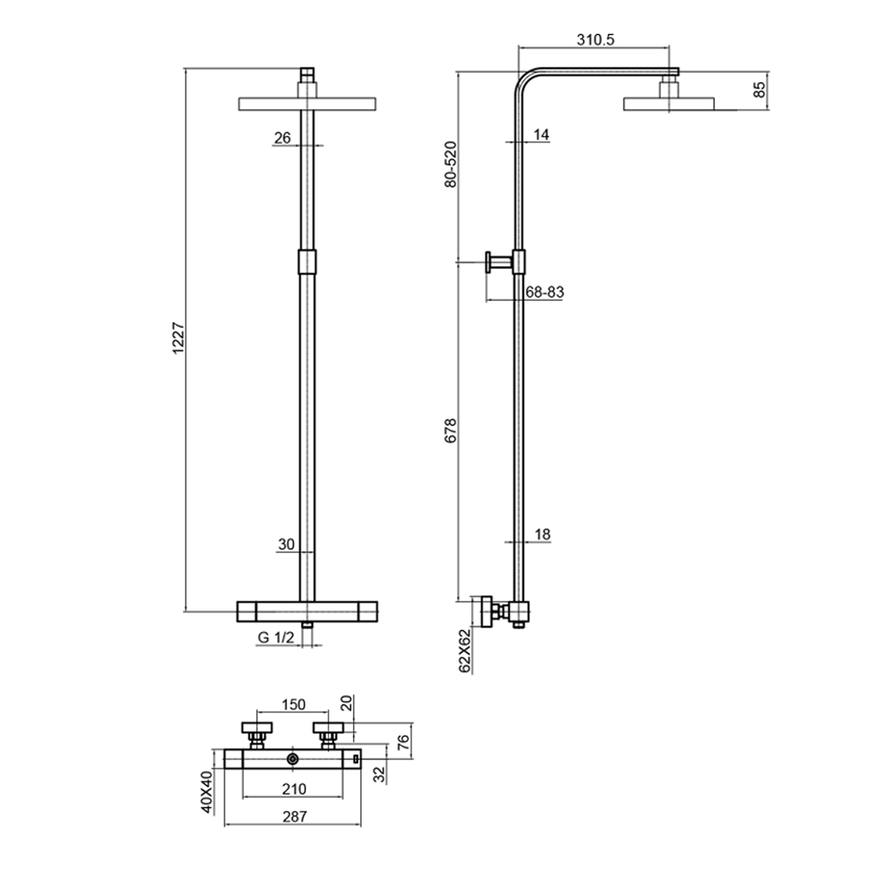 HIX 2 Outlet Exposed Thermostatic Bar Shower Valve with Slide Rail & Handset - Brushed Bronze