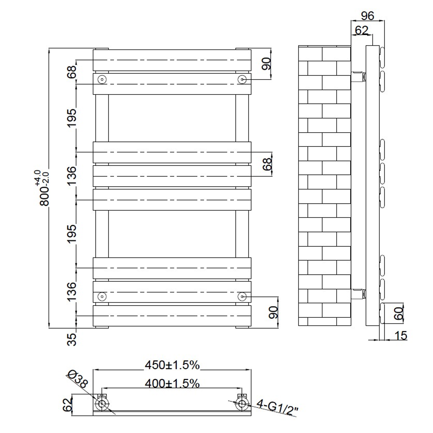 Brenton Avezzano Matt Anthracite Flat Panel Heated Towel Rail - 800 x 450mm