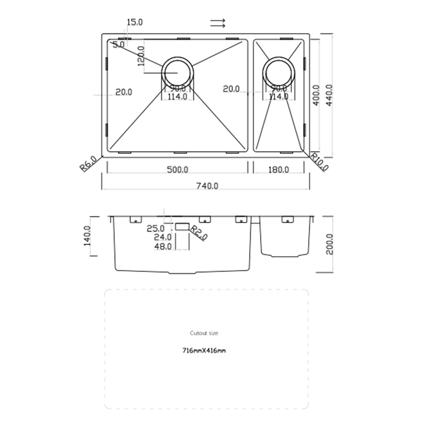 Rangemaster Kube 1.5 Bowl Stainless Steel Undermount Sink & Waste Kit - 740 x 440mm