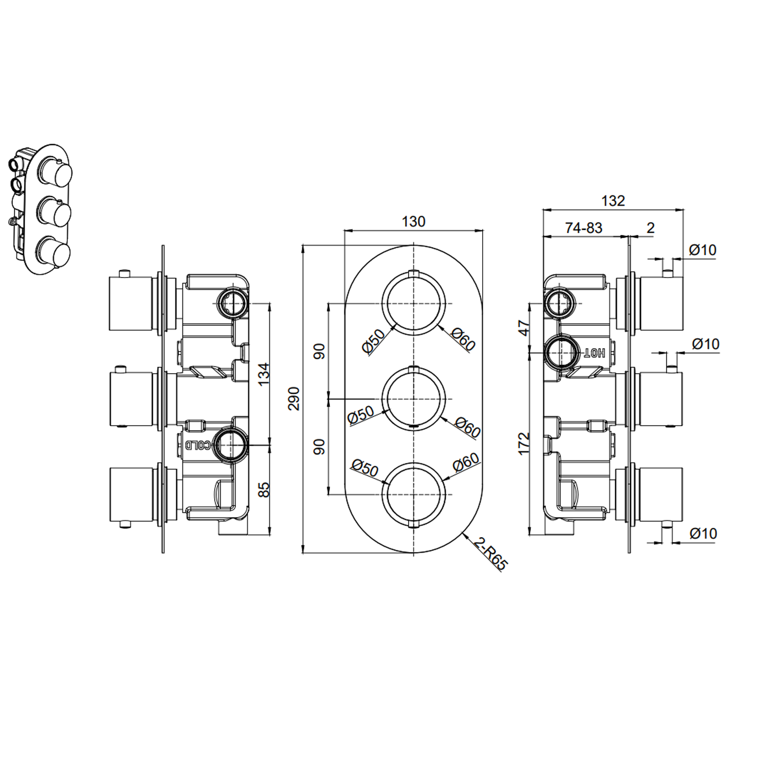 Harbour Clarity Brushed Brass 3 Outlet Thermostatic Concealed Shower Valve
