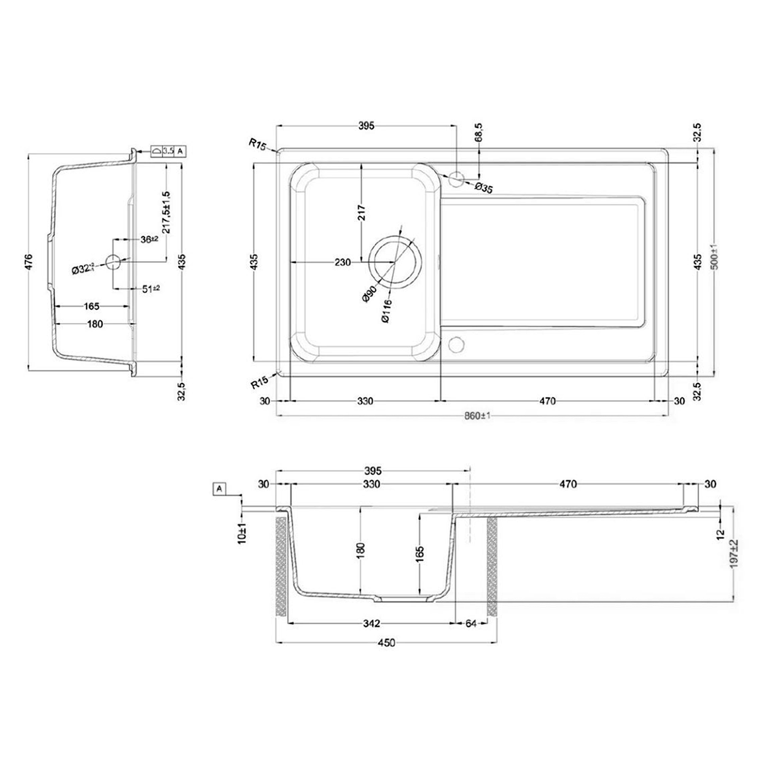 Rangemaster Loa 1 Bowl Igneous Granite Kitchen Sink with Reversible Drainer & Waste Kit - 860 x 500mm