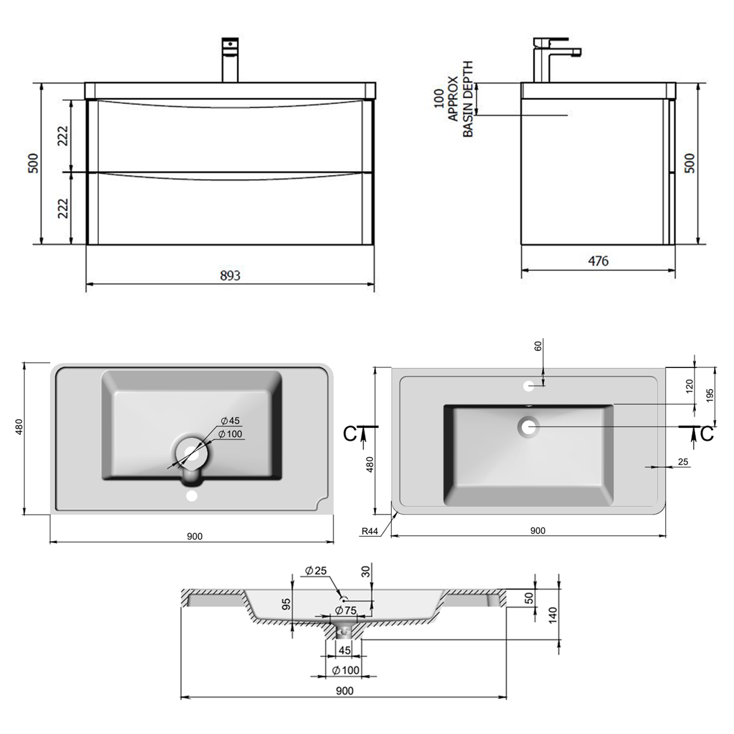 Harbour Clarity 900mm Wall Mounted Graphite Oak Vanity Unit & Basin