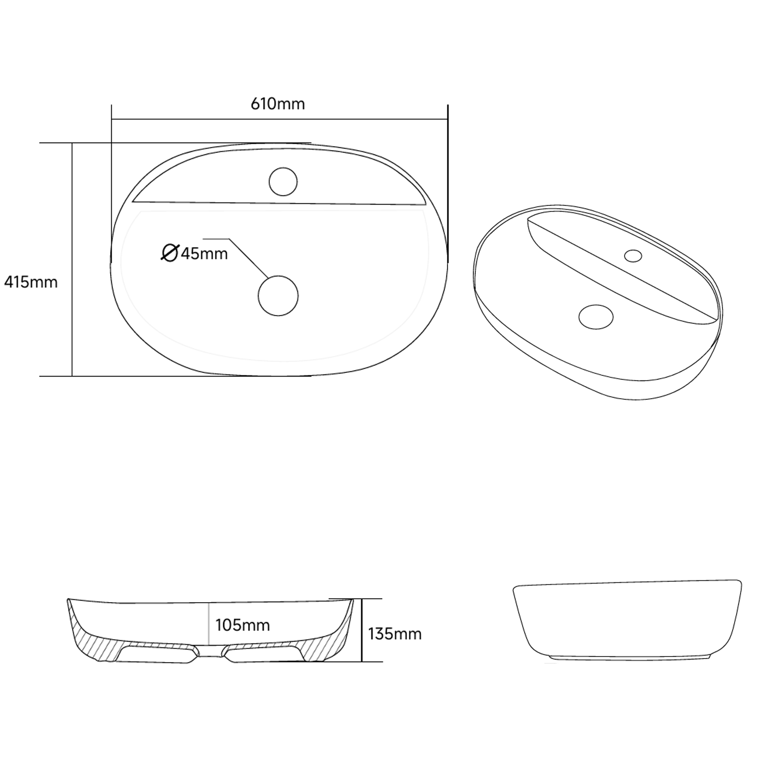 Poppy Oval Countertop Basin 1 Tap Hole - 610 x 415mm