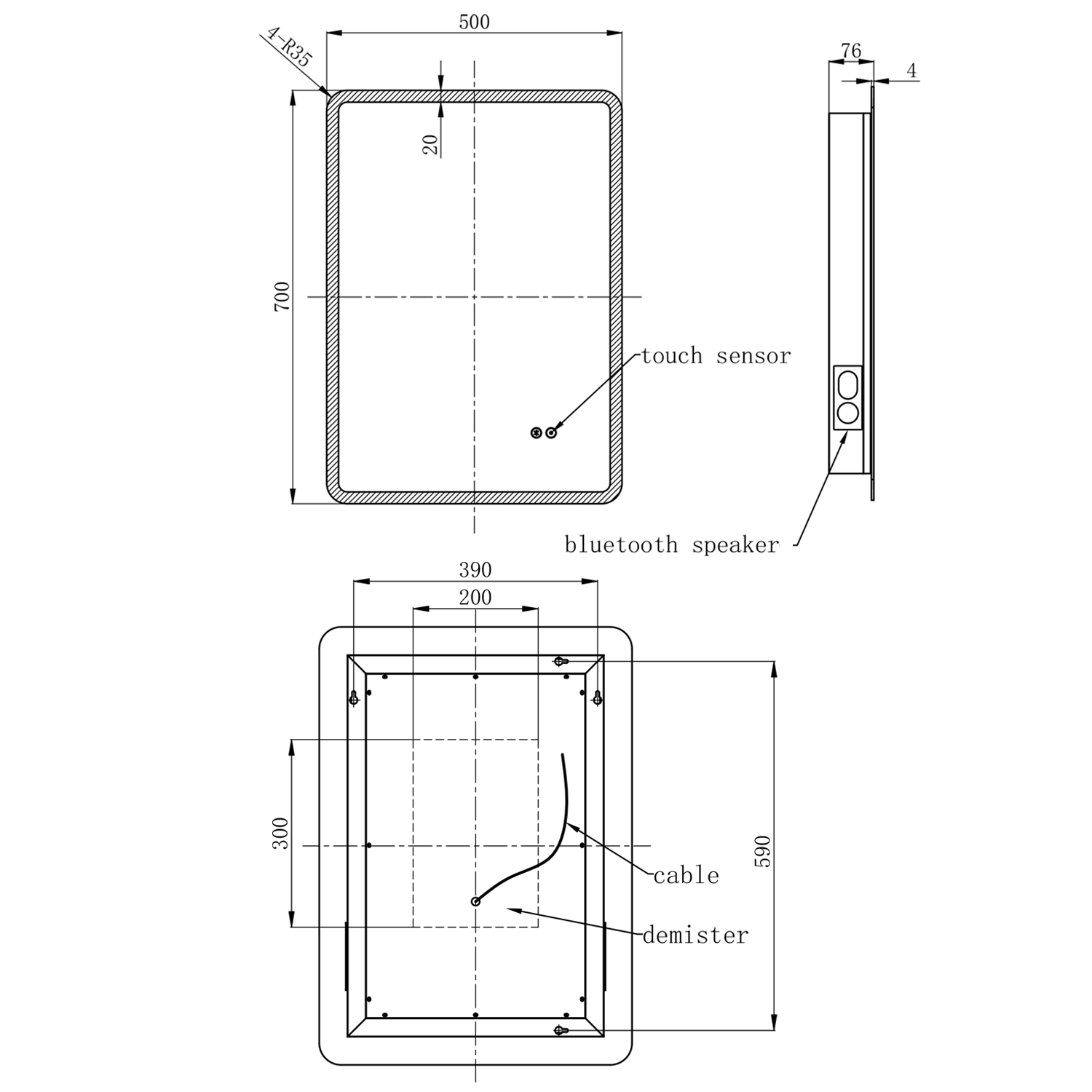 Vellamo LED Illuminated Universal Bathroom Mirror with Demister Pad & Bluetooth - 700mm x 500mm