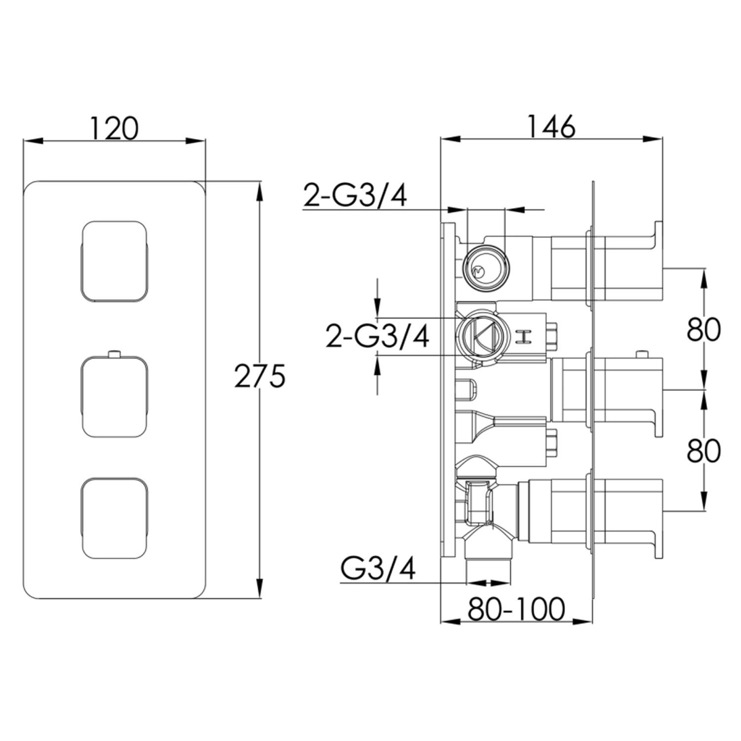 HIX 3 Handle 3 Outlet Concealed Thermostatic Vertical Shower Valve