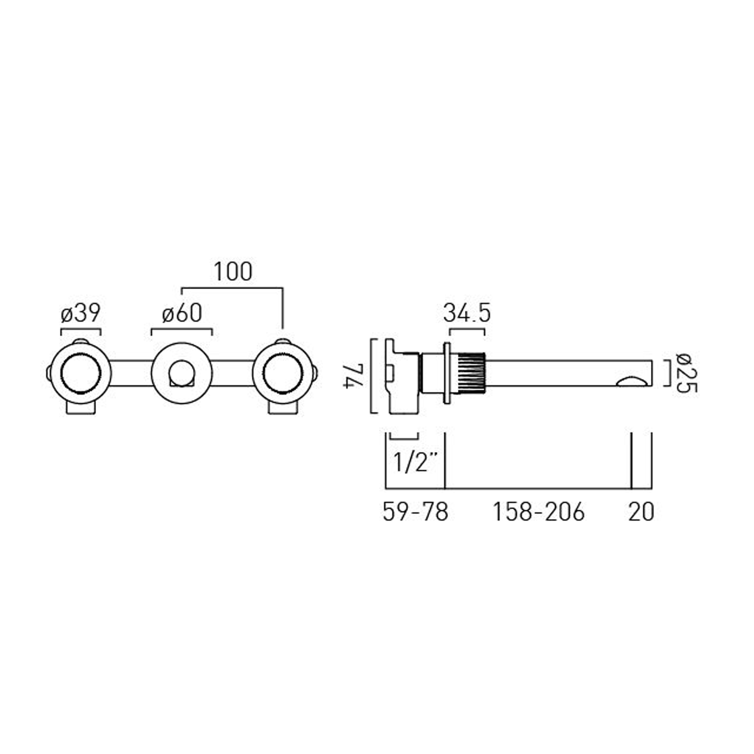 Vado Safari 3 Hole Leverless Wall Mounted Basin Mixer Tap