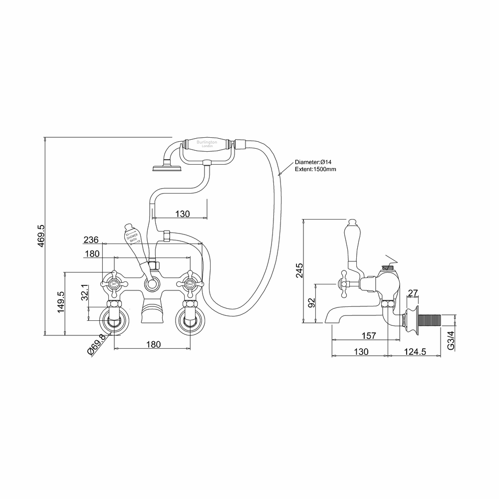 Burlington Claremont Regent Tall Wall Mounted Bath Shower Mixer with Straight Valves