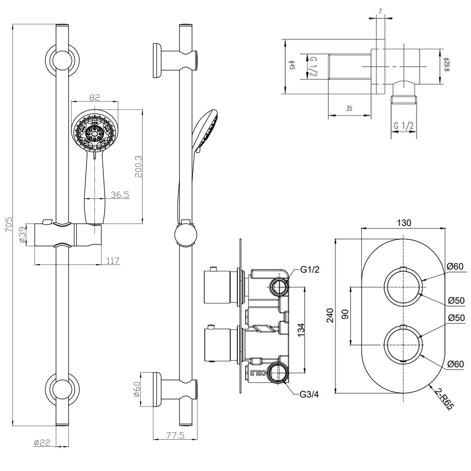 Orla Concealed Shower Valve, Fixed Head & Slide Rail Kit