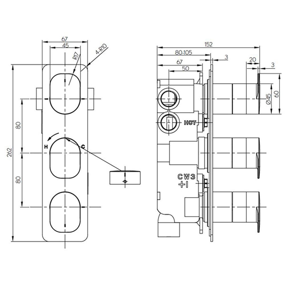 Crosswater KH Zero 2 Concealed 3 Outlet Thermostatic Shower Valve - Portrait