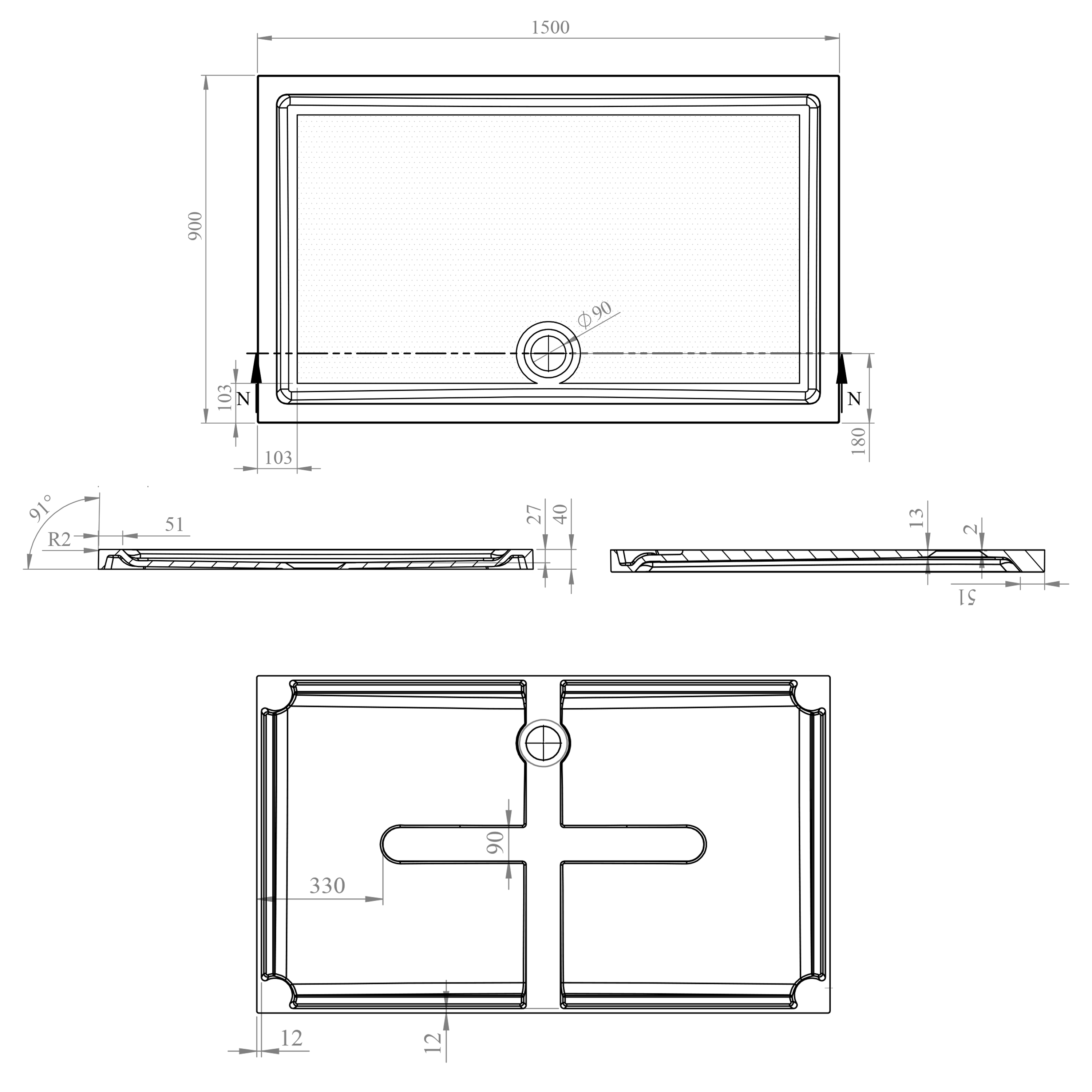 Harbour Anti Slip Gel Coated Stone Resin Rectangular Shower Tray - 14 Sizes