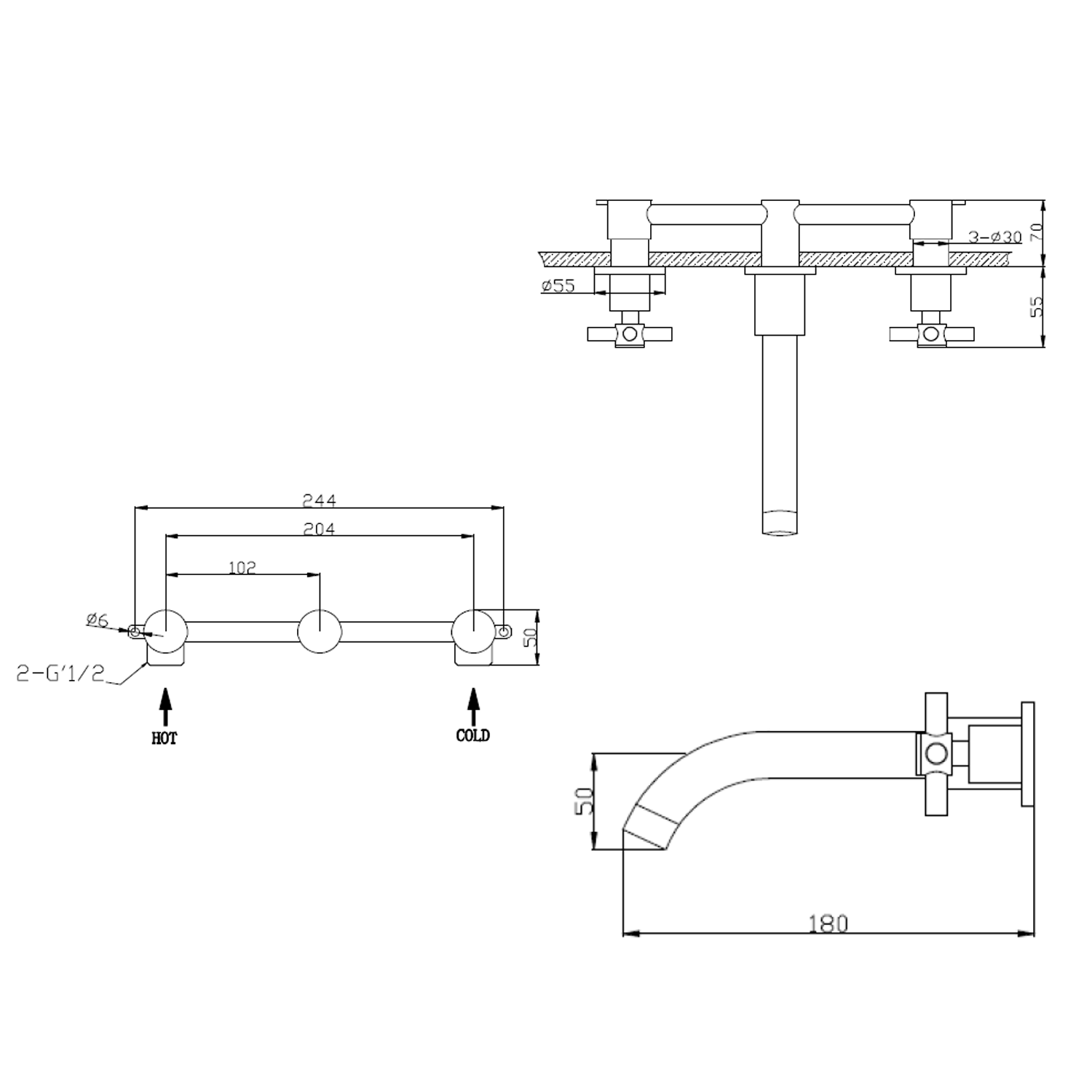 Sagittarius Ergo Wall Mounted 3 Hole Basin Mixer
