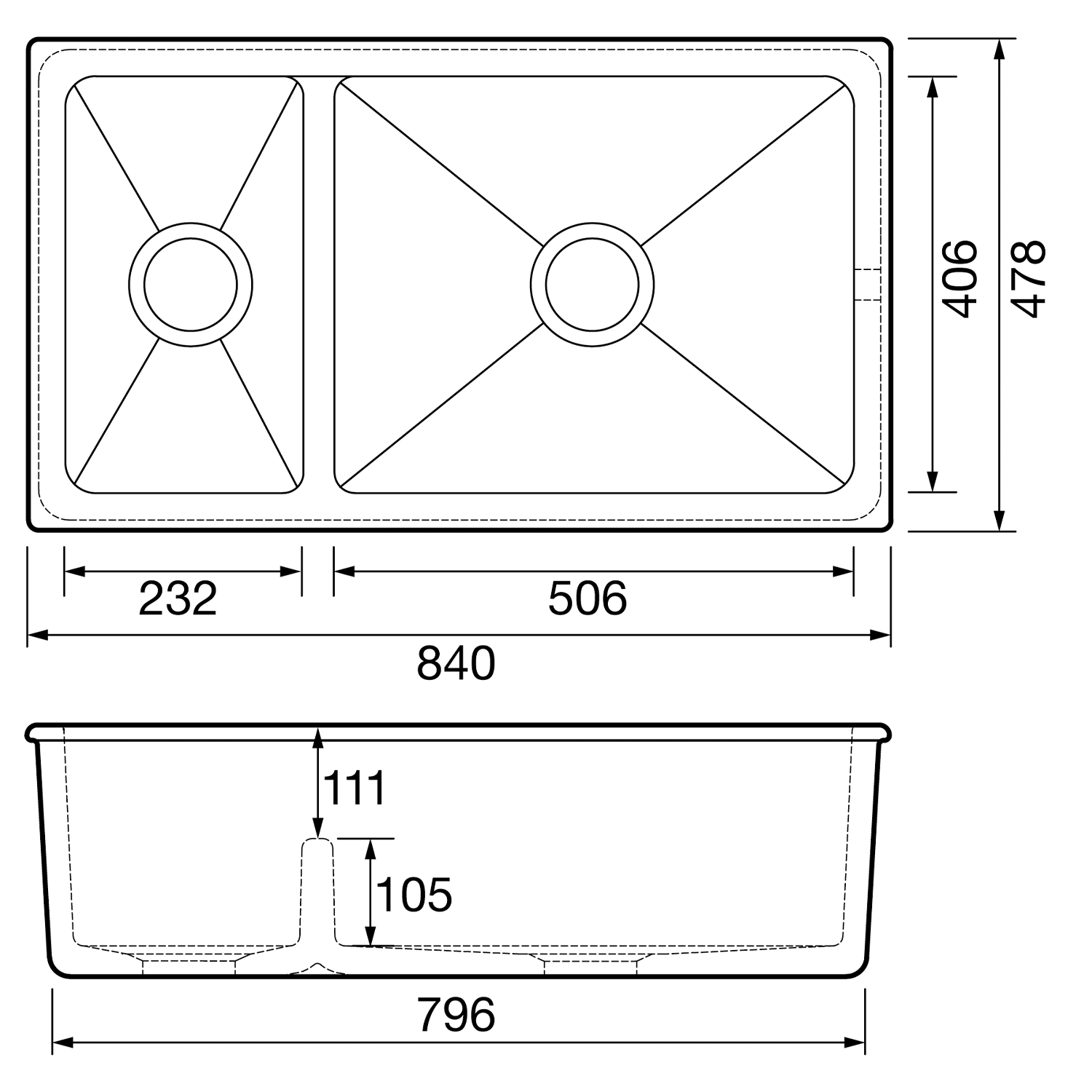 Thomas Denby Chanterly 1.5 Bowl Ceramic Undermount Kitchen Sink - 840 x 478mm