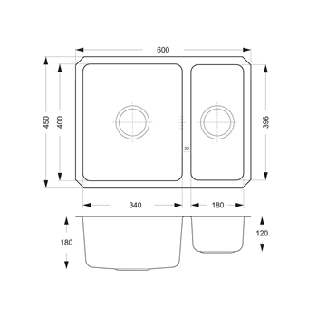 Vellamo Horizon 1.5 Bowl Undermount Stainless Steel Kitchen Sink & Waste Kit with Reversible Half Bowl - 600 x 450mm