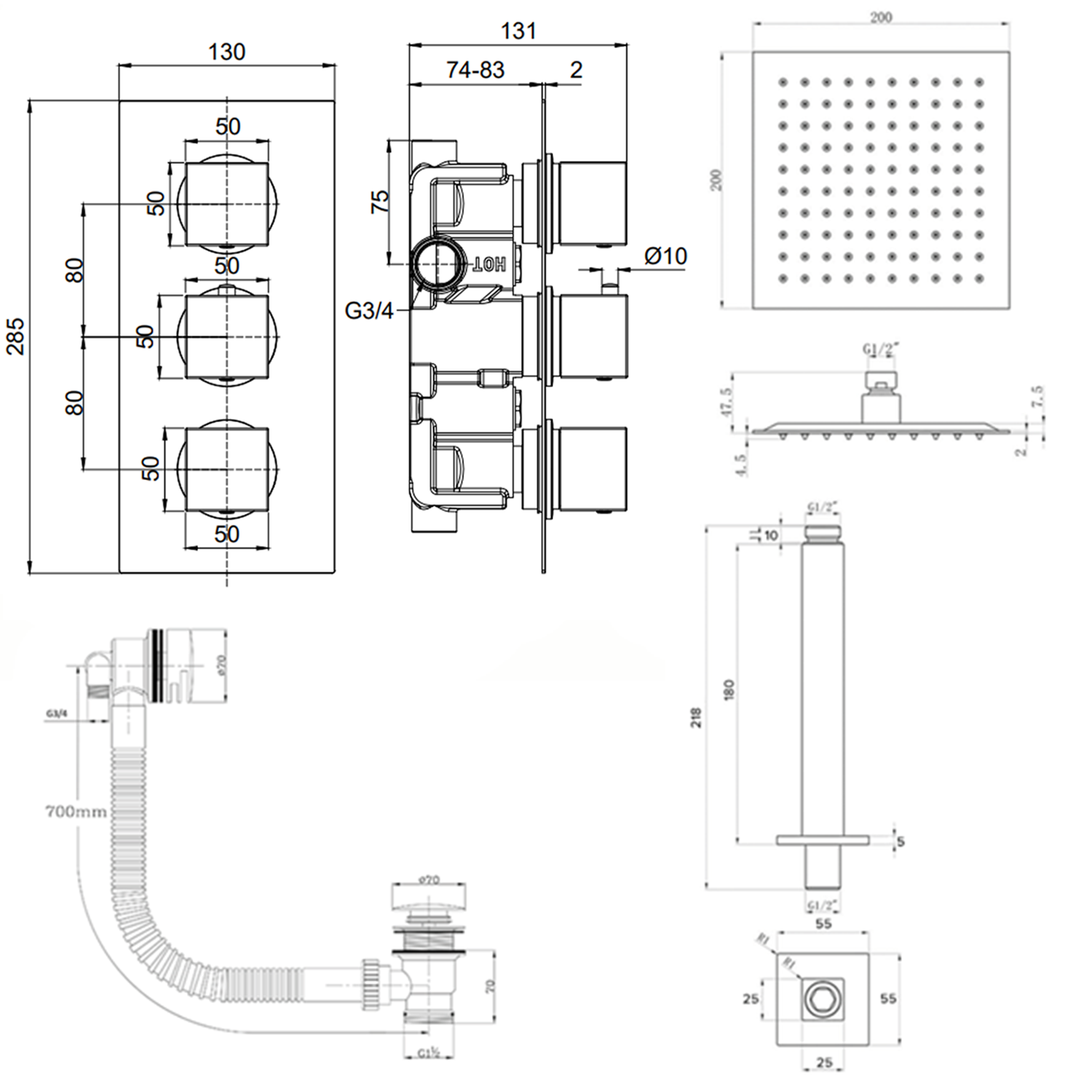 Harbour Status Matt Black Concealed Shower Valve, Fixed Ceiling Mounted Head & Overflow Bath Filler
