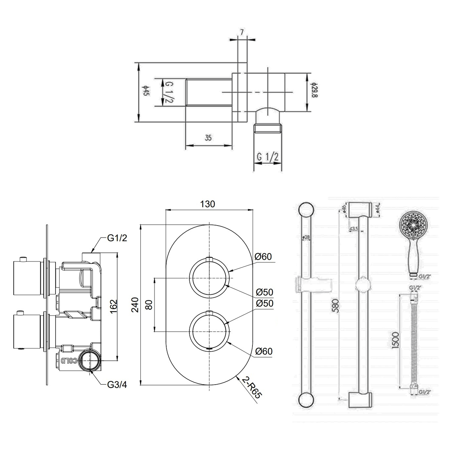 Dahlia Concealed Thermostatic Shower Valve & Slide Rail Kit