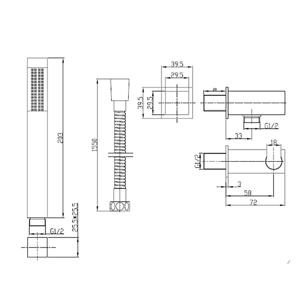 Crosswater Square Shower Kit with Hose, Handset & Integrated Wall Outlet with Handset Attachment