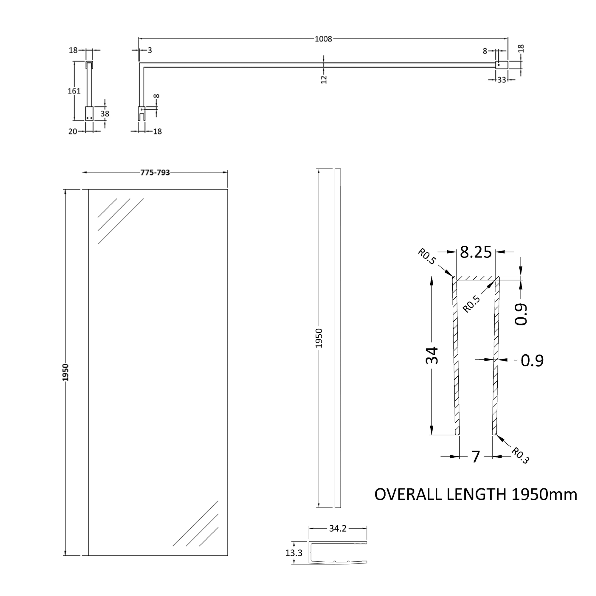 Harbour Frame Matt Black Walk in Glass Shower Screen with Support Bar