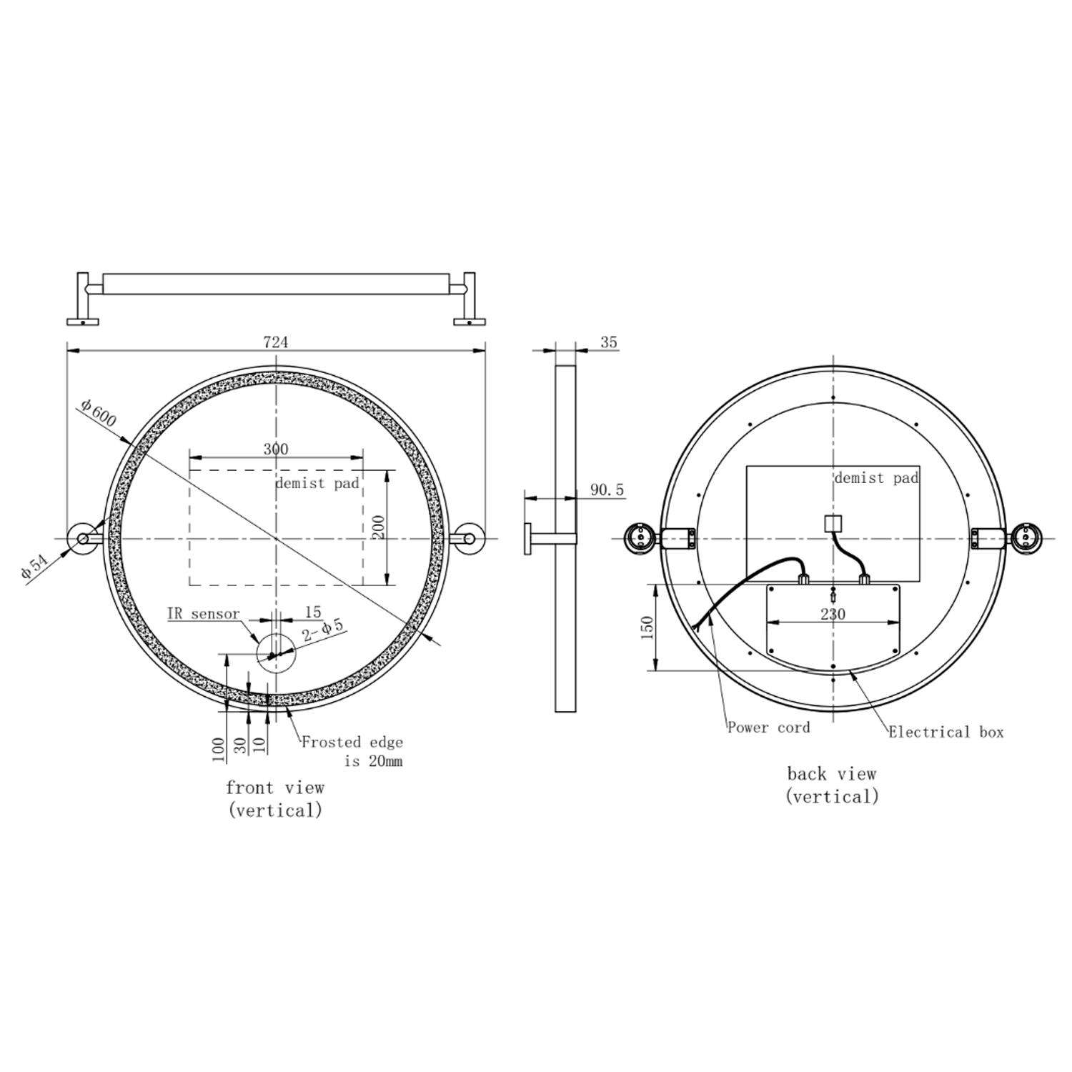 Ester LED Illuminated Framed Round Pivot Mirror with Demister Pad - 600mm