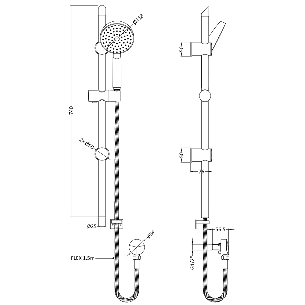 nuie Slider Rail Kit with Thin Round Handset & Wall Outlet