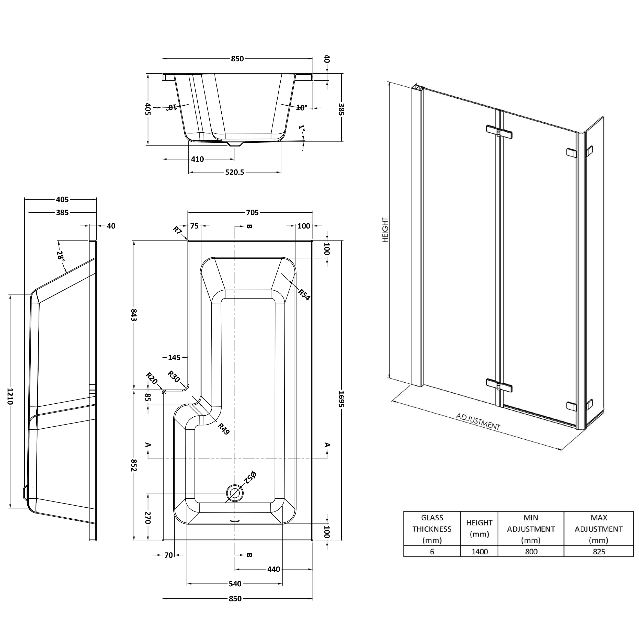 Drench L Shaped Shower Bath with Panel and Shower Screen - 1700mm