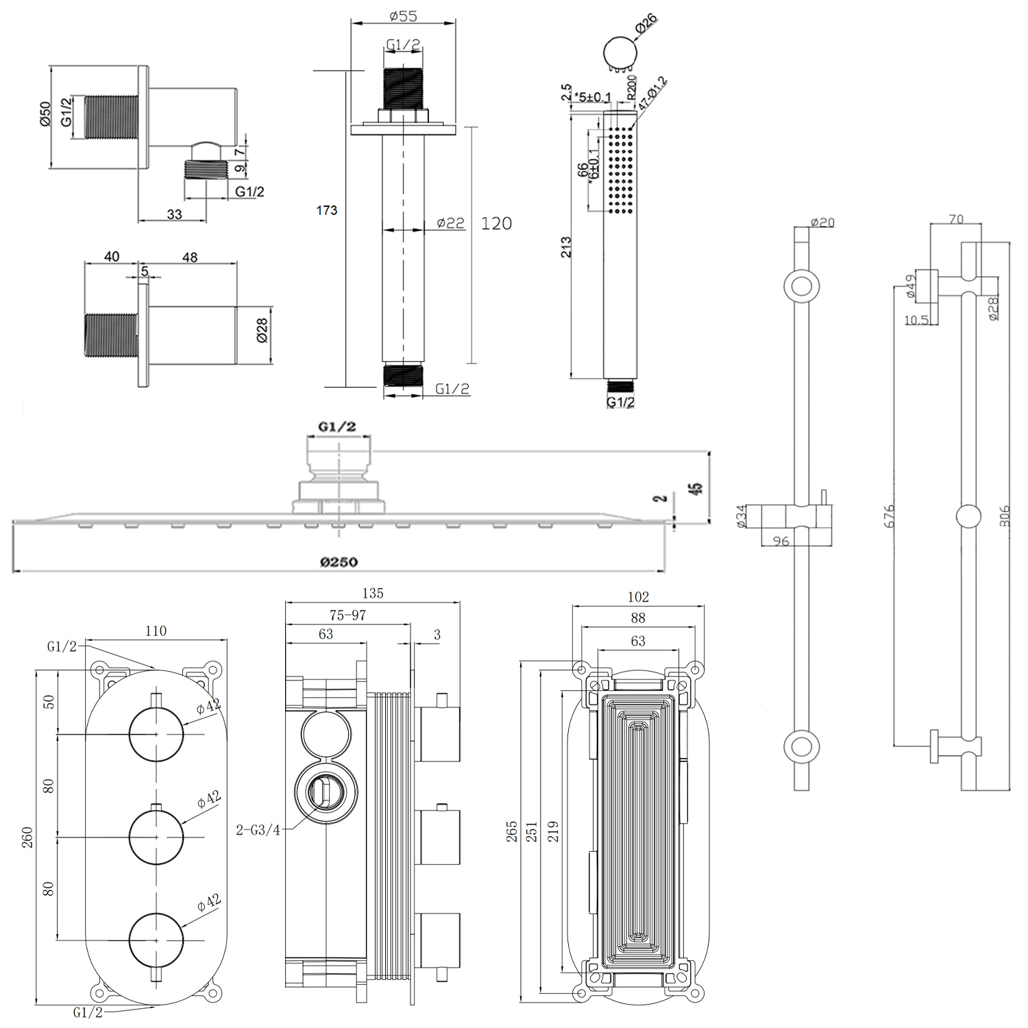 Harbour Clarity Brushed Bronze Shower Package with 2 Outlet Valve, Fixed Head & Ceiling Arm and Slide Rail Shower Kit