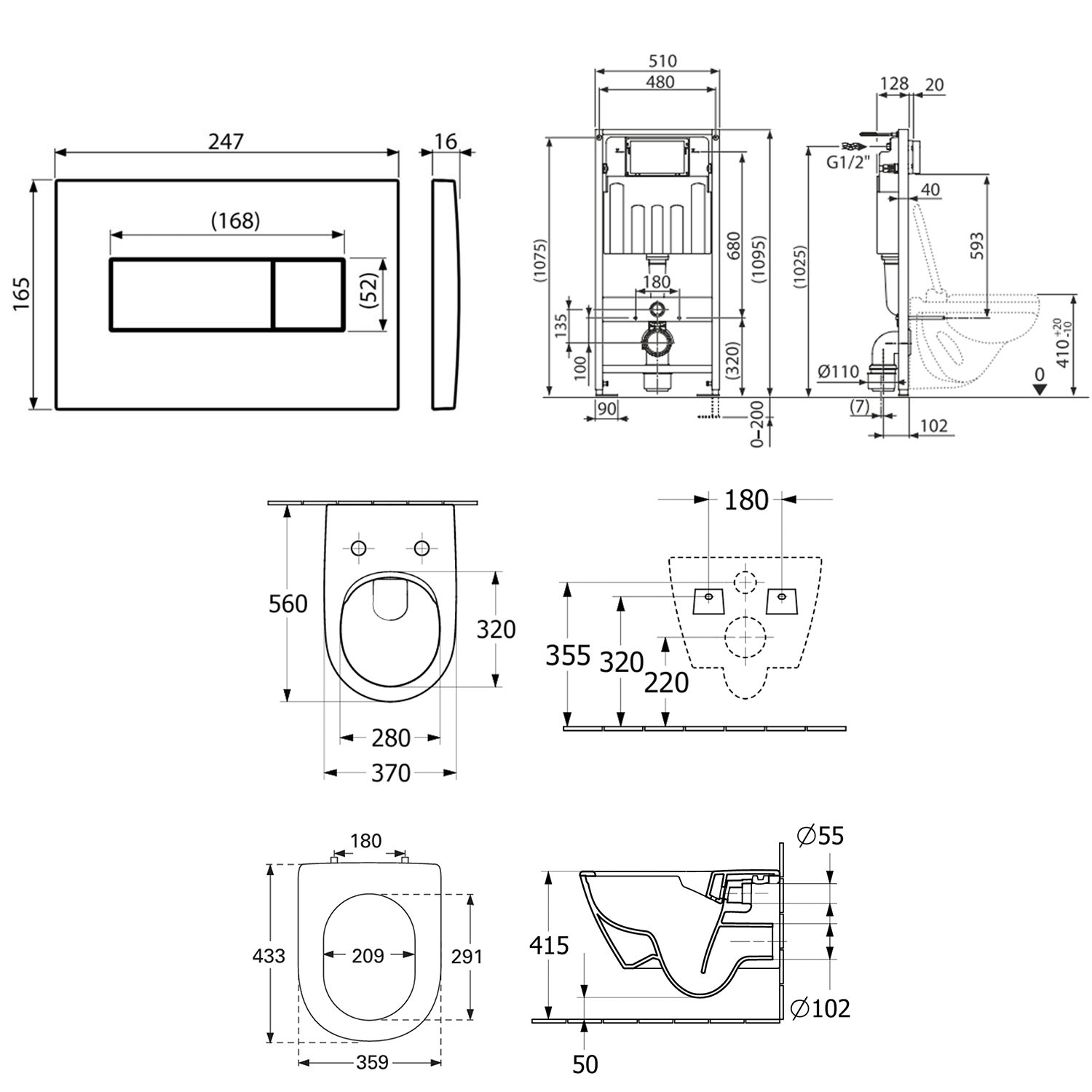 Villeroy & Boch ViConnect Pro S Frame with Subway 2.0 Wall Mounted Rimless Toilet, Flush Plate & Soft Close Toilet Seat