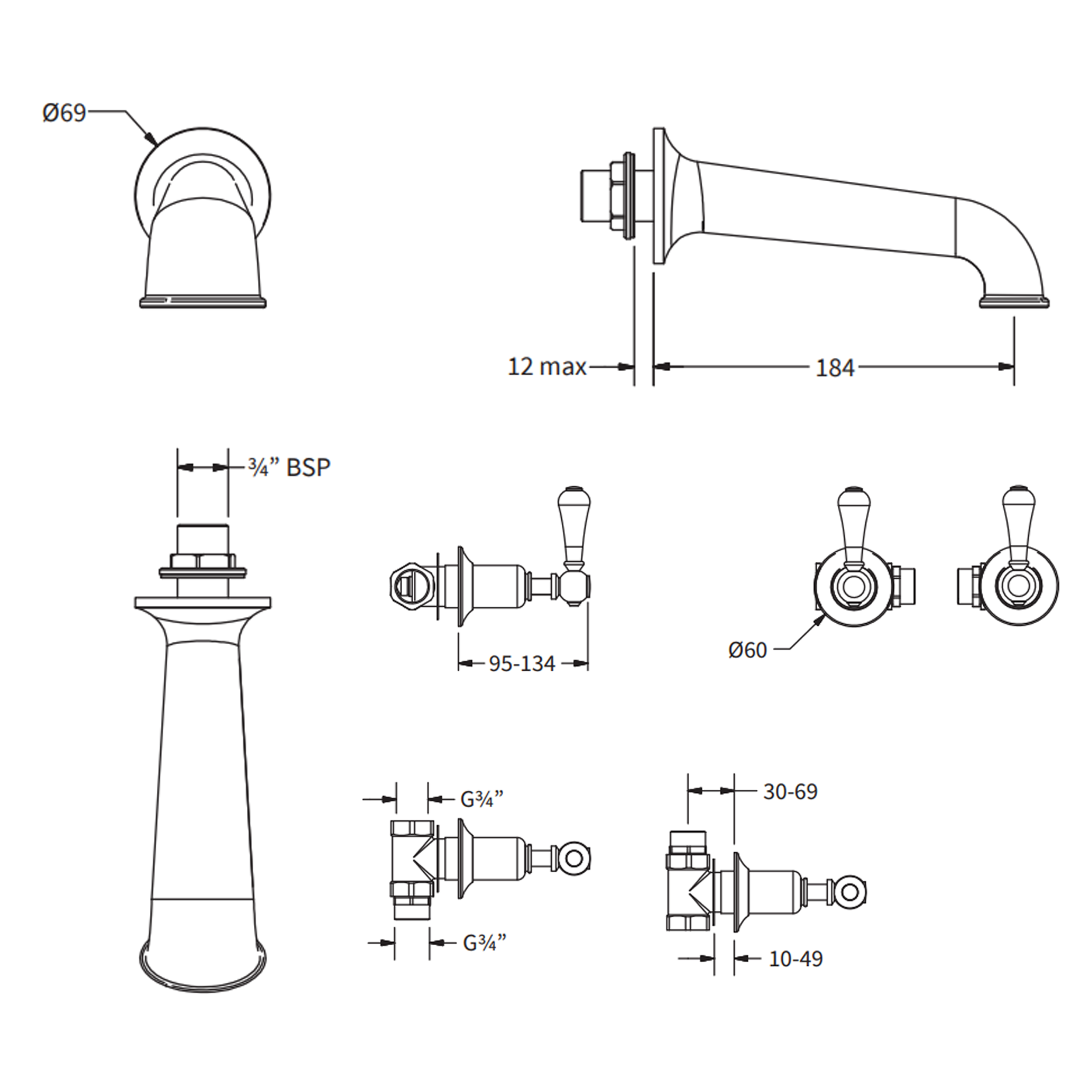 Crosswater Belgravia Lever Wall Mounted Bath Filler with Concealed Valves