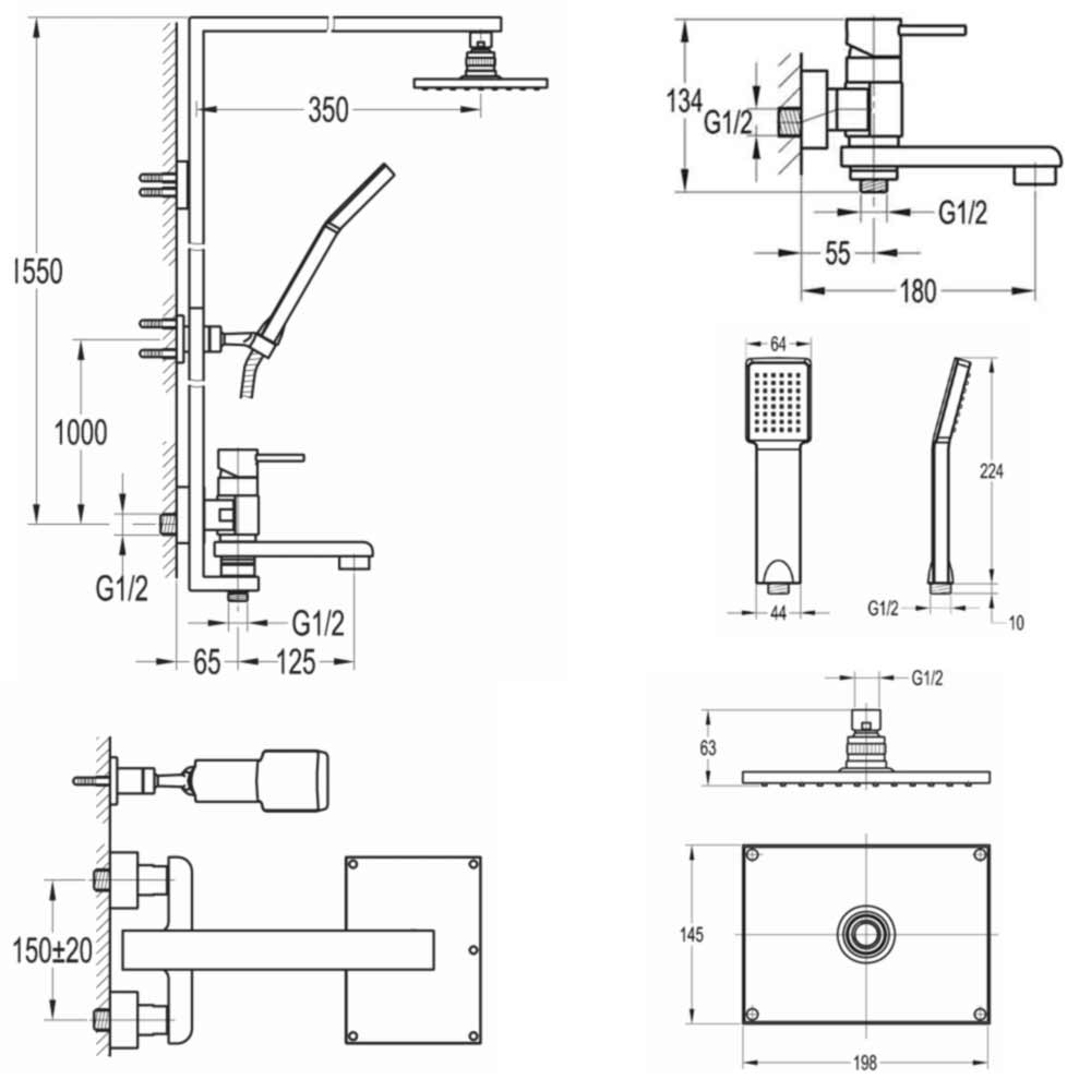 Flova Essence Manual Shower Column with Handset, Overhead Shower & Diverter Bath Spout