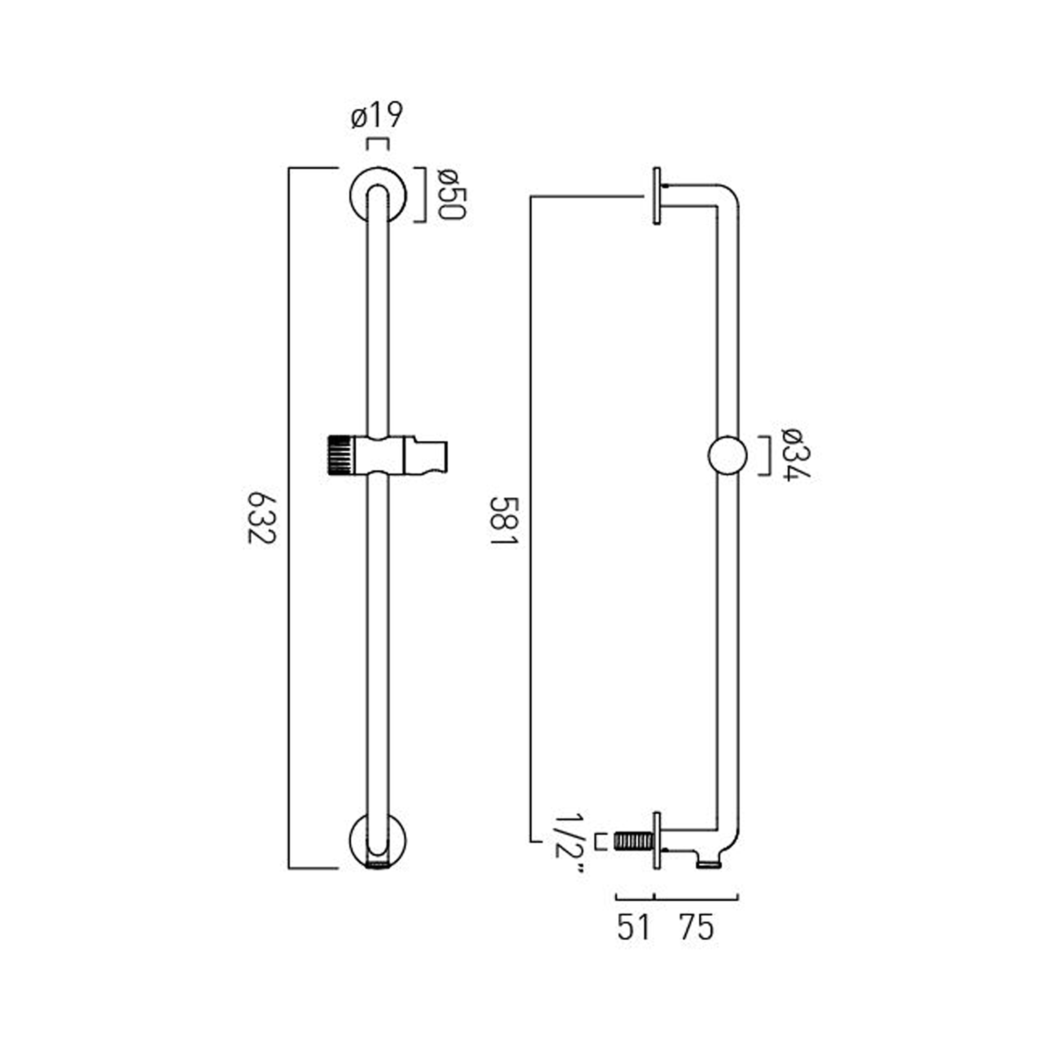 Vado Safari Leverless Slim Slide Rail with Integrated Outlet & 1500mm Shower Hose