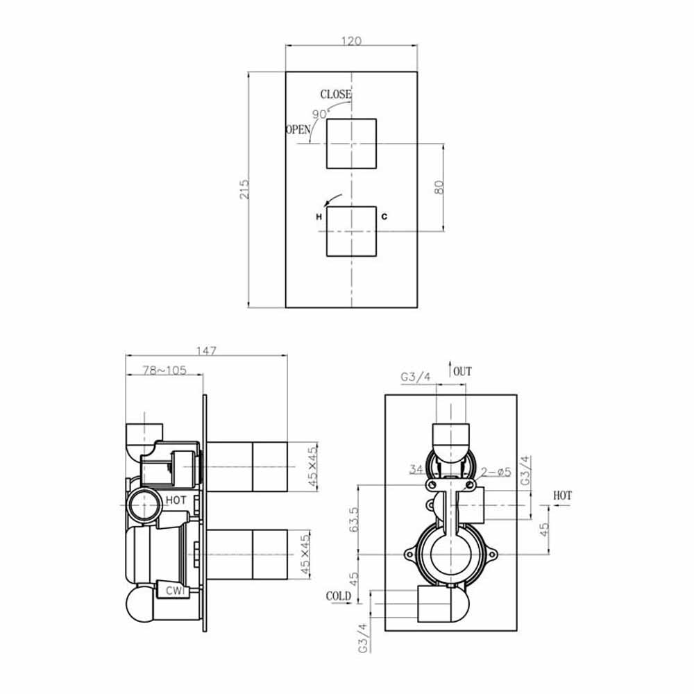 Crosswater Water Square 1 Outlet Concealed Thermostatic Shower Valve